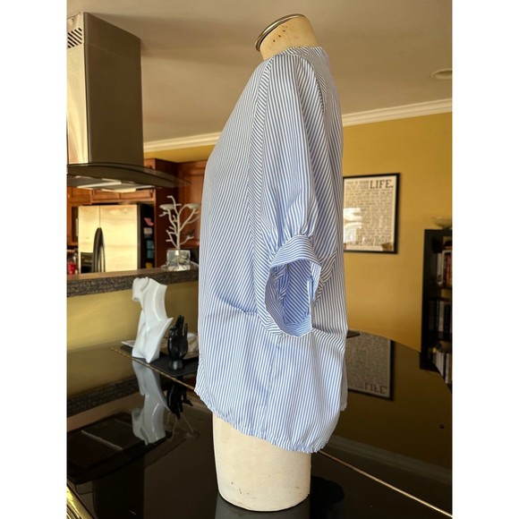 Blue & White Stripe Puff Sleeve Button Down Back Notch Collar Blouse - Picture 7 of 12